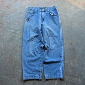90s Y2K JNCO Piranha Baggy Denim Jeans 34W 30L Light Wash Embroidered Mens